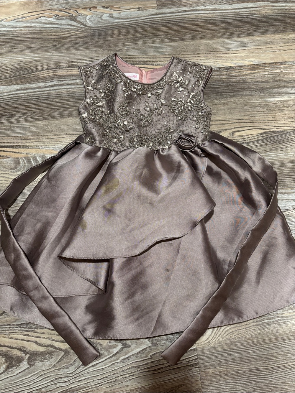 Bonnie Jean Taupe Embellished Satin Party Dress
